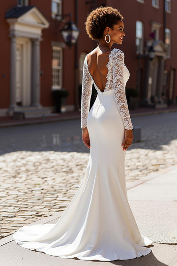 White Mermaid V-Neck Wedding Dress With Lace